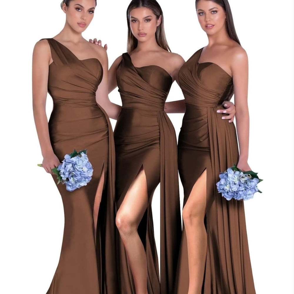 LILA RYAN Brown Asymmetrical Ruched Gown